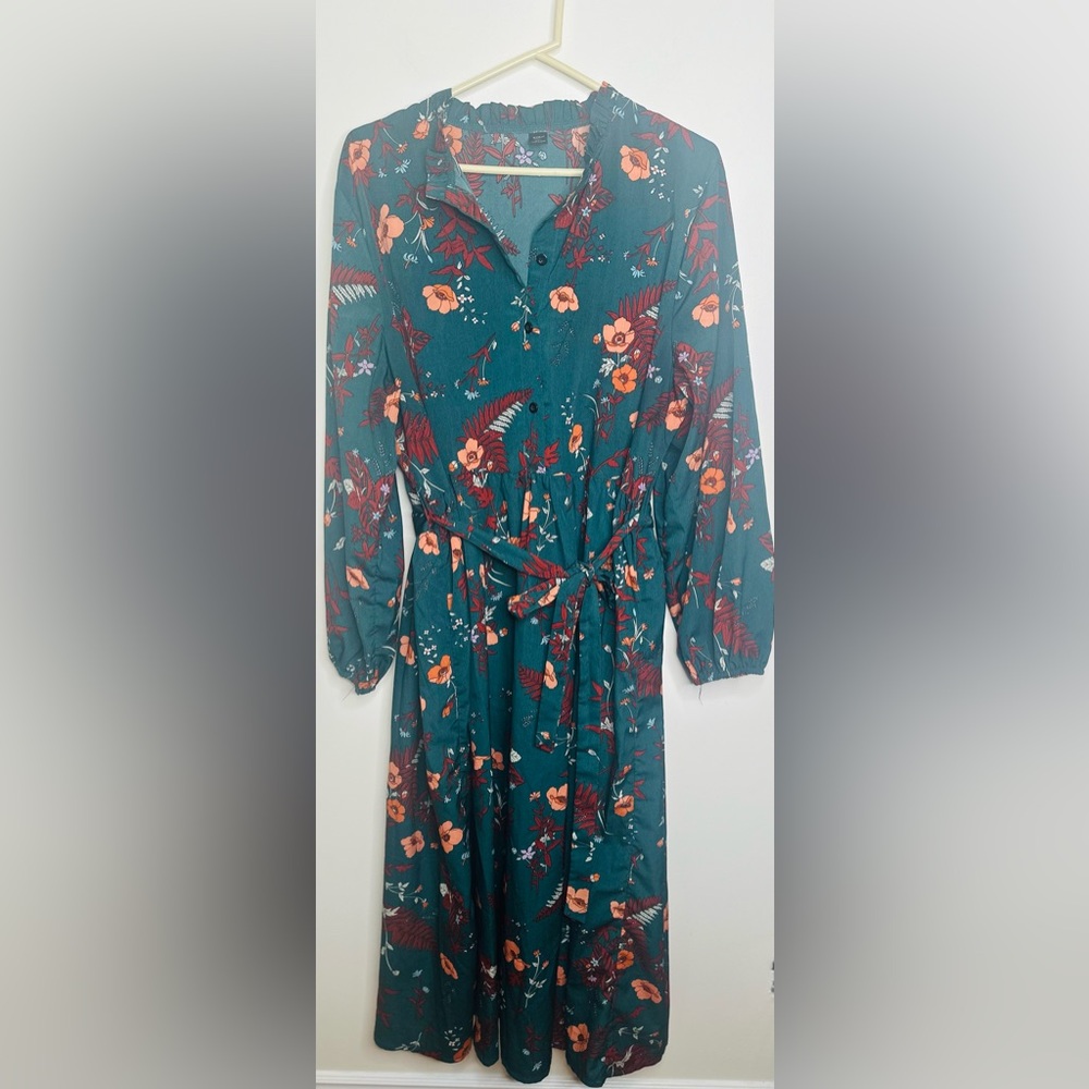 Shein Curve Women DRESS 2XL Green Orange Floral Ruffle Maxi Buttons Career